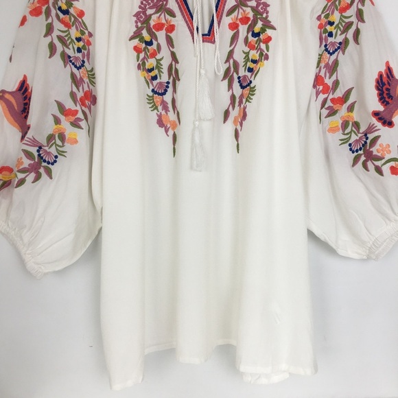 Solitaire Anthropologie Embroidered Peasant Floral Top White Pink Women’s Sz XL - Picture 4 of 13